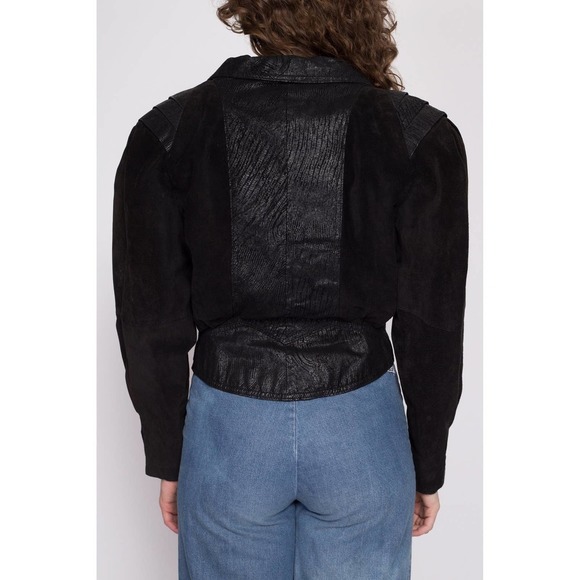 80s Black Leather Cropped Moto Jacket - Medium | Vintage Oversized Suede Coat - Picture 5 of 10